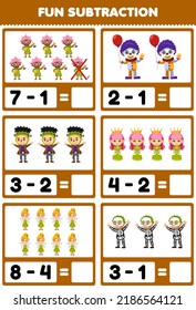 Education game for children fun subtraction by counting and eliminating cute cartoon scientist clown frankenstein queen fairy skeleton costume halloween printable worksheet