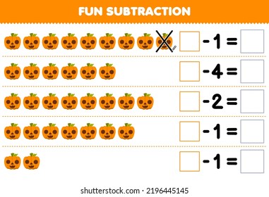 Education game for children fun subtraction by counting cute cartoon orange pumpkin in each row and eliminating it printable halloween worksheet