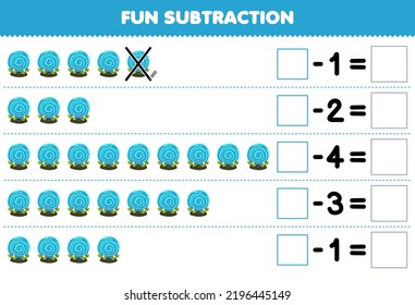 Juego de educación para los niños diversión de la sustracción contando la tierna caricatura azul orb mágico en cada fila y eliminando su hoja de cálculo imprimible de halloween