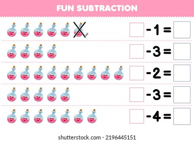 Education game for children fun subtraction by counting cute cartoon pink potion bottle in each row and eliminating it printable halloween worksheet