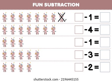 Education game for children fun subtraction by counting cute cartoon voodoo doll in each row and eliminating it printable halloween worksheet