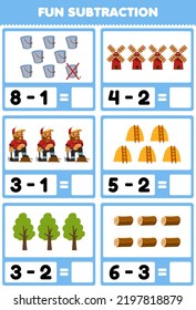 Education game for children fun subtraction by counting and eliminating cute cartoon bucket windmill woodcutter haystack tree wood log printable farm worksheet