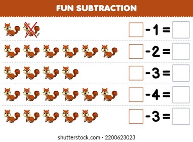 Education game for children fun subtraction by counting cute cartoon brown squirrel in each row and eliminating it printable animal worksheet