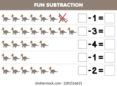 Education game for children fun subtraction by counting cute cartoon lambeosaurus in each row and eliminating it printable prehistoric dinosaur worksheet