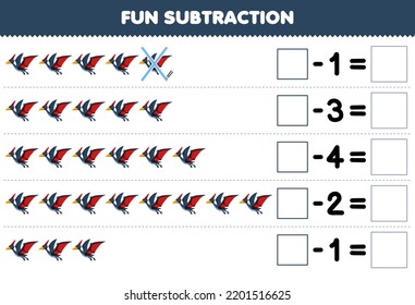 Education game for children fun subtraction by counting cute cartoon pteranodon in each row and eliminating it printable prehistoric dinosaur worksheet
