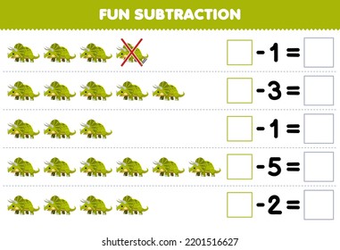 Education game for children fun subtraction by counting cute cartoon triceratops in each row and eliminating it printable prehistoric dinosaur worksheet