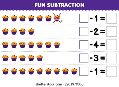 Education game for children fun subtraction by counting cartoon muffin in each row and eliminating it printable food worksheet