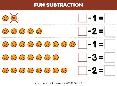 Education game for children fun subtraction by counting cartoon cookie in each row and eliminating it printable food worksheet