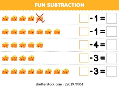 Education game for children fun subtraction by counting cartoon cheese in each row and eliminating it printable food worksheet