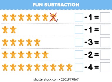 Education game for children fun subtraction by counting cartoon gingerbread in each row and eliminating it printable food worksheet