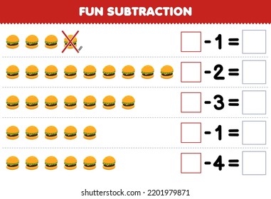 Education game for children fun subtraction by counting cartoon burger in each row and eliminating it printable food worksheet