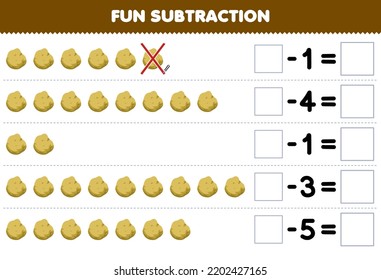 Education game for children fun subtraction by counting cartoon potato in each row and eliminating it printable vegetable worksheet