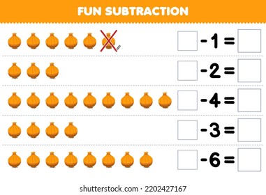 Education game for children fun subtraction by counting cartoon onion in each row and eliminating it printable vegetable worksheet