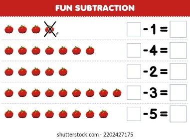Education game for children fun subtraction by counting cartoon tomato in each row and eliminating it printable vegetable worksheet