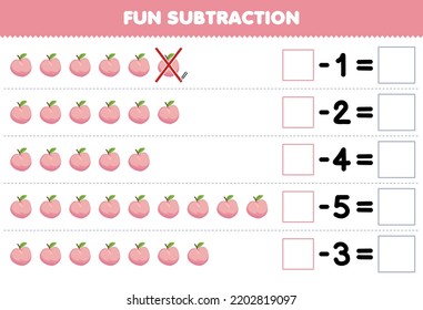 Education game for children fun subtraction by counting cartoon peach in each row and eliminating it printable fruit worksheet