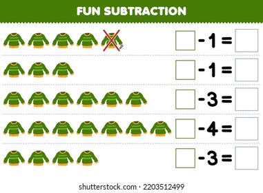 Education game for children fun subtraction by counting cartoon green sweater in each row and eliminating it printable wearable clothes worksheet