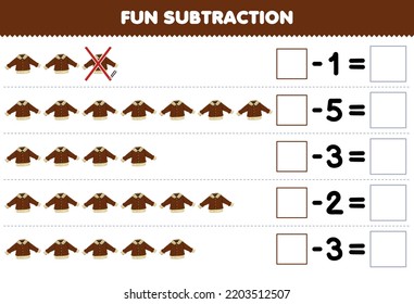 Education game for children fun subtraction by counting cartoon brown jacket in each row and eliminating it printable wearable clothes worksheet