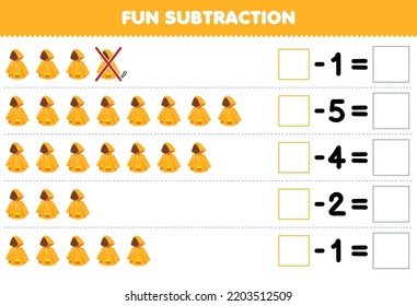 Education game for children fun subtraction by counting cartoon yellow raincoat in each row and eliminating it printable wearable clothes worksheet