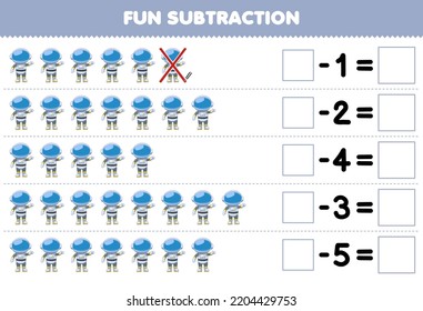 Education game for children fun subtraction by counting cute cartoon astronaut in each row and eliminating it printable solar system worksheet