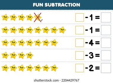 Education game for children fun subtraction by counting cute cartoon star in each row and eliminating it printable solar system worksheet