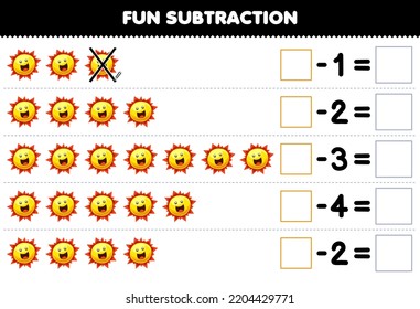 Erziehungsspiel für Kinder, das Spaß an der Subtraktion macht, indem die süße Cartoon-Sonne in jeder Reihe gezählt und die druckbare Solarkatalog-Tabelle entfernt wird