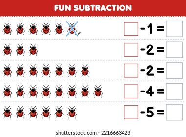 Education game for children fun subtraction by counting cute cartoon ladybug in each row and eliminating it printable bug worksheet