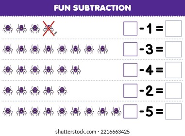 Education game for children fun subtraction by counting cute cartoon spider in each row and eliminating it printable bug worksheet