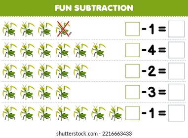 Education game for children fun subtraction by counting cute cartoon mantis in each row and eliminating it printable bug worksheet