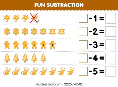Education game for children fun subtraction by counting cute cartoon cookie gingerbread each row and eliminating it printable winter worksheet