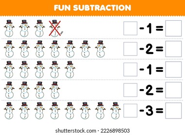 Education game for children fun subtraction by counting cute cartoon snowman each row and eliminating it printable winter worksheet