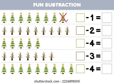 Education game for children fun subtraction by counting cute cartoon christmas tree each row and eliminating it printable winter worksheet