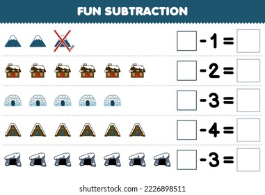 Education game for children fun subtraction by counting cute cartoon igloo house den each row and eliminating it printable winter worksheet