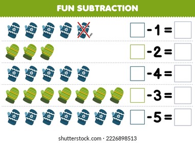 Education game for children fun subtraction by counting cute cartoon mitten each row and eliminating it printable winter worksheet