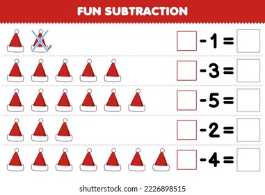 Education game for children fun subtraction by counting cute cartoon santa hat each row and eliminating it printable winter worksheet