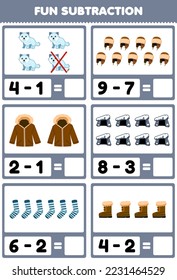 Education game for children fun subtraction by counting and eliminating cute cartoon arctic fox hat jacket den sock boot printable winter worksheet