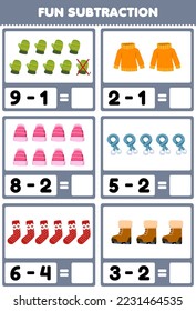 Education game for children fun subtraction by counting and eliminating cute cartoon mitten sweater beanie scarf sock boot printable winter worksheet