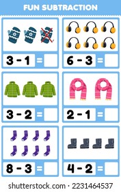 Education game for children fun subtraction by counting and eliminating cute cartoon mitten earmuff coat scarf sock boot printable winter worksheet