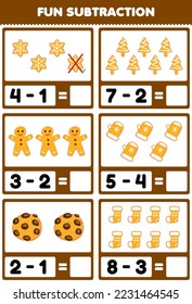 Education game for children fun subtraction by counting and eliminating cute cartoon gingerbread cookie printable winter worksheet