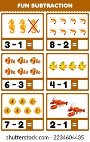 Education game for children fun subtraction by counting and eliminating cute cartoon seahorse shrimp fish lobster printable underwater worksheet