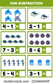 Education game for children fun subtraction by counting and eliminating cute cartoon dolphin fish urchin seahorse jellyfish printable underwater worksheet