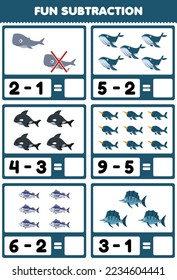 Education game for children fun subtraction by counting and eliminating cute cartoon whale orca narwhal fish printable underwater worksheet