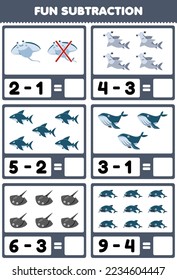 Education game for children fun subtraction by counting and eliminating cute cartoon manta hammer shark whale stingray printable underwater worksheet