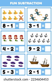 Education game for children fun subtraction by counting and eliminating cute cartoon submarine diver mermaid anchor shell wrecked ship printable underwater worksheet