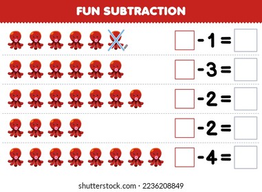 Education game for children fun subtraction by counting cute cartoon octopus in each row and eliminating it printable underwater worksheet