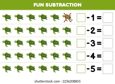 Education game for children fun subtraction by counting cute cartoon turtle in each row and eliminating it printable underwater worksheet
