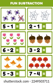 Education game for children fun subtraction by counting and eliminating cute cartoon spider web flower acorn maple leaf mushroom printable nature worksheet