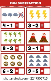 Education game for children fun subtraction by counting and eliminating cute cartoon smoke volcano thunder cloud tree fossil printable nature worksheet