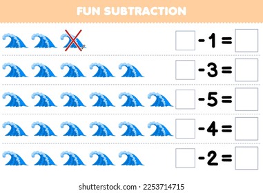Education game for children fun subtraction by counting cute cartoon wave each row and eliminating it printable nature worksheet
