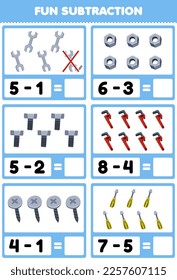 Education game for children fun subtraction by counting and eliminating cute cartoon wrench bolt nut wrench screw screwdriver printable tool worksheet