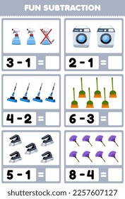 Education game for children fun subtraction by counting and eliminating cute cartoon sprayer washing machine mop broom iron duster printable tool worksheet